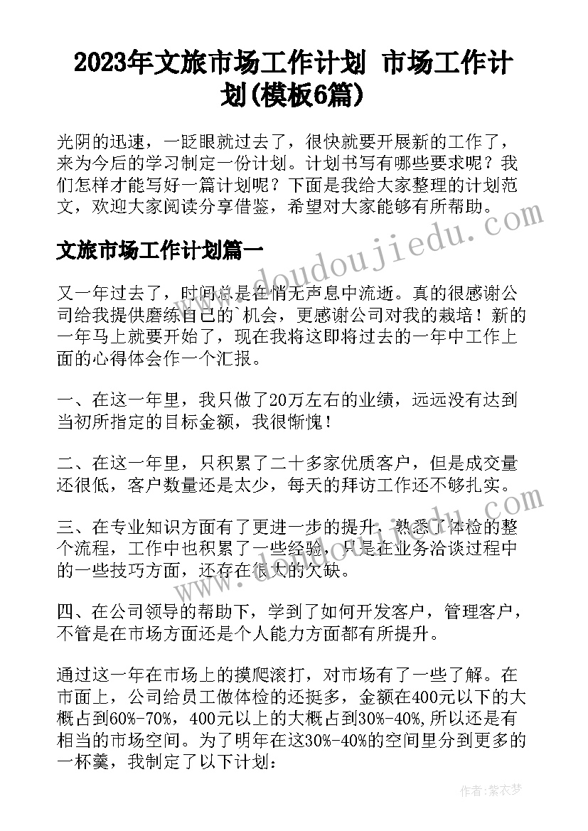 2023年文旅市场工作计划 市场工作计划(模板6篇)