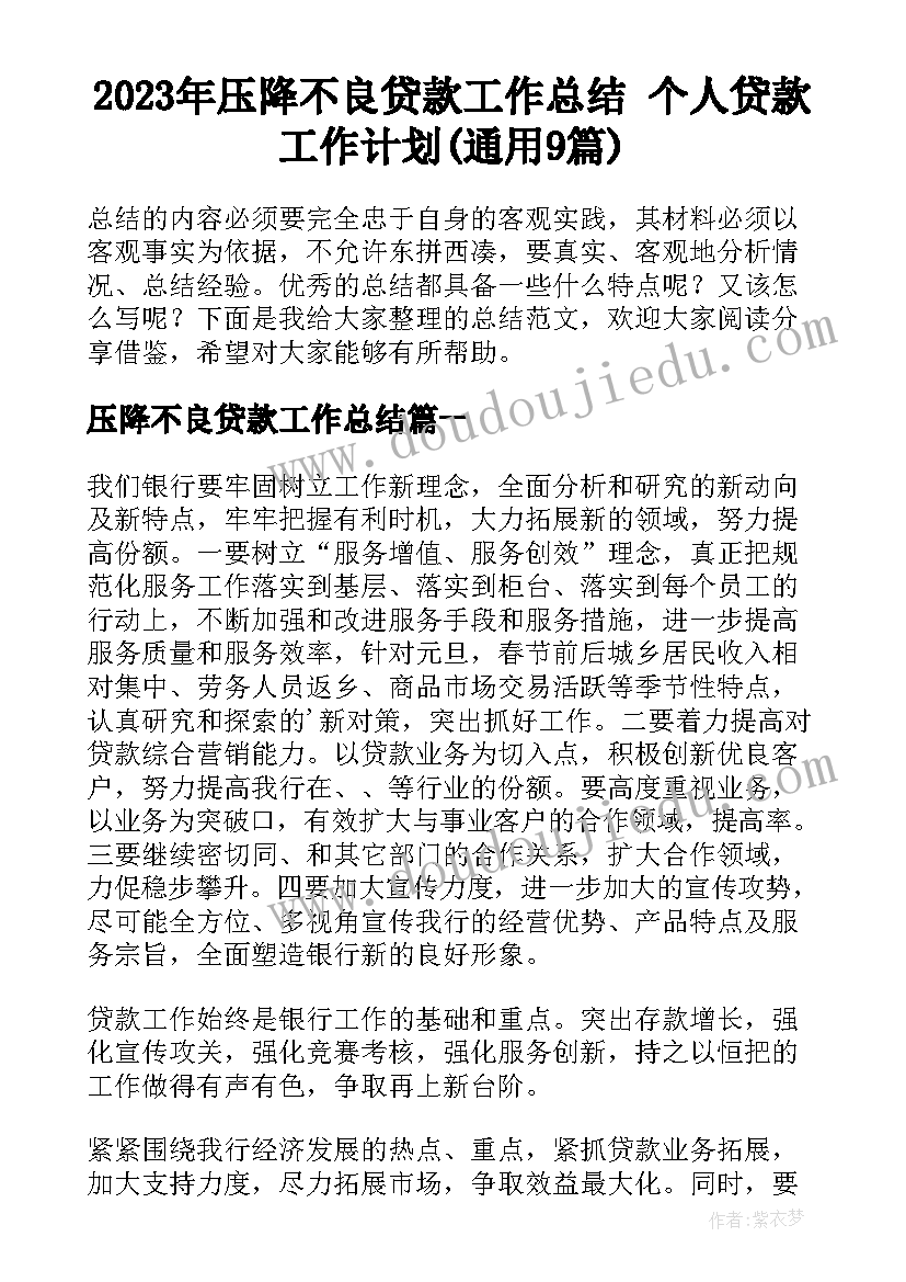 2023年压降不良贷款工作总结 个人贷款工作计划(通用9篇)