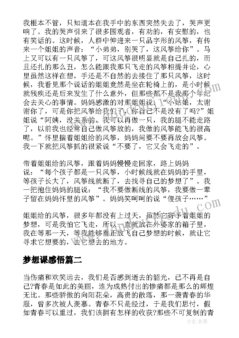 最新梦想课感悟 放飞梦想心得体会(精选10篇)