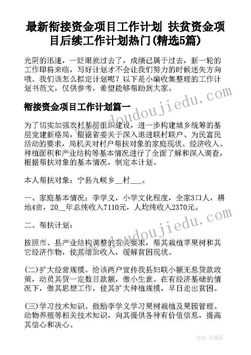 最新衔接资金项目工作计划 扶贫资金项目后续工作计划热门(精选5篇)