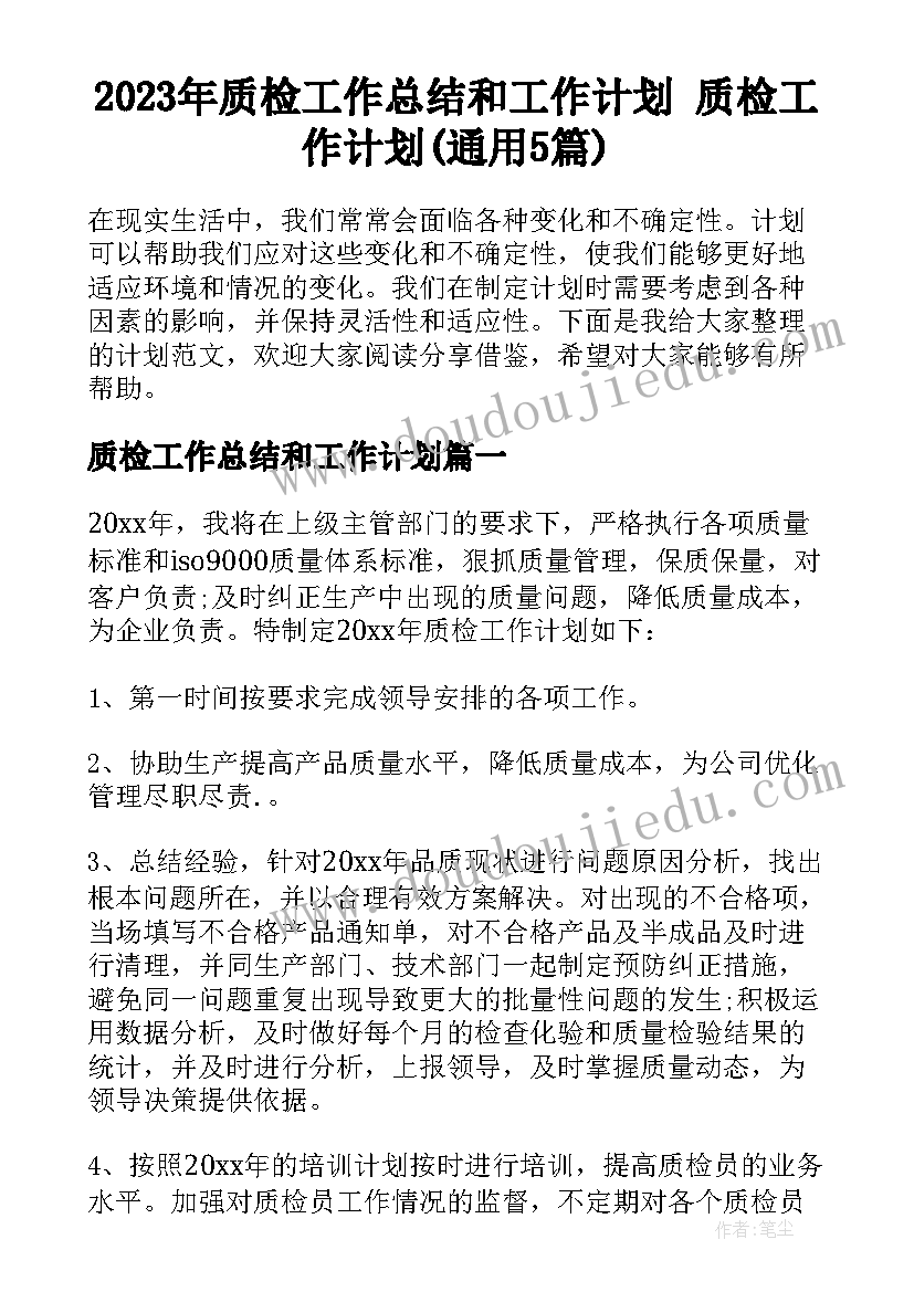 2023年质检工作总结和工作计划 质检工作计划(通用5篇)