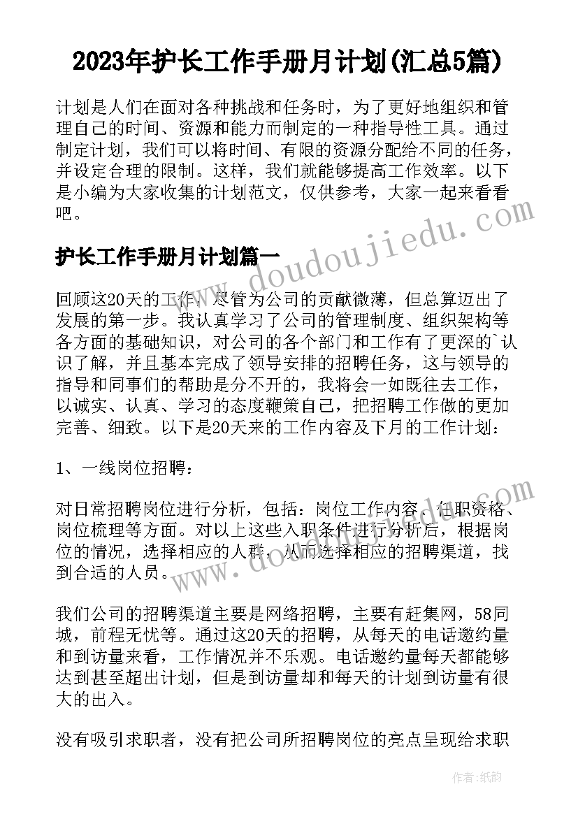 2023年护长工作手册月计划(汇总5篇)