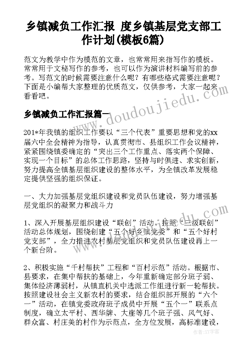 乡镇减负工作汇报 度乡镇基层党支部工作计划(模板6篇)