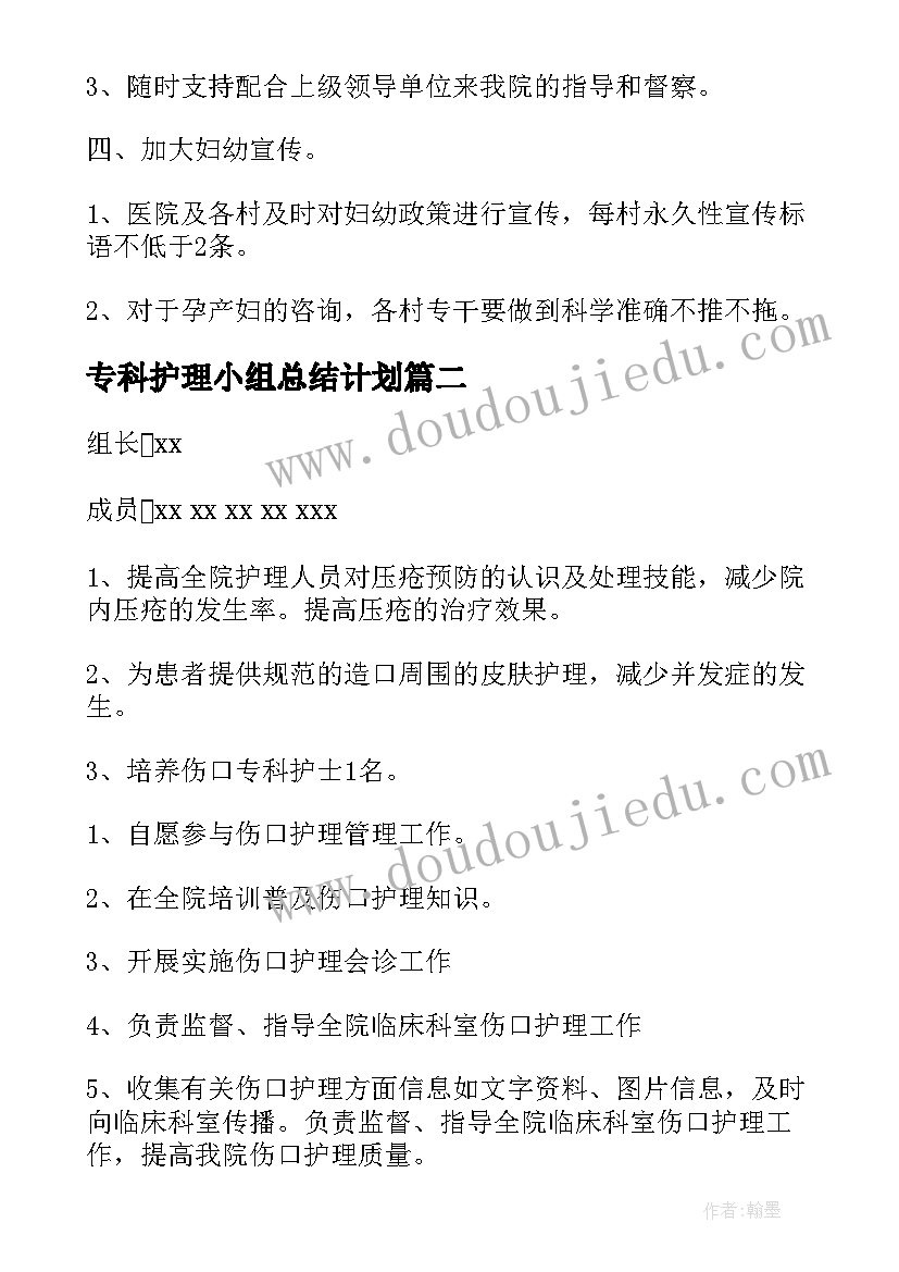 专科护理小组总结计划 护理课题小组工作计划(模板10篇)