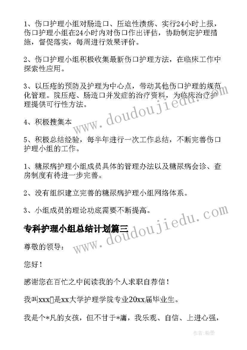 专科护理小组总结计划 护理课题小组工作计划(模板10篇)