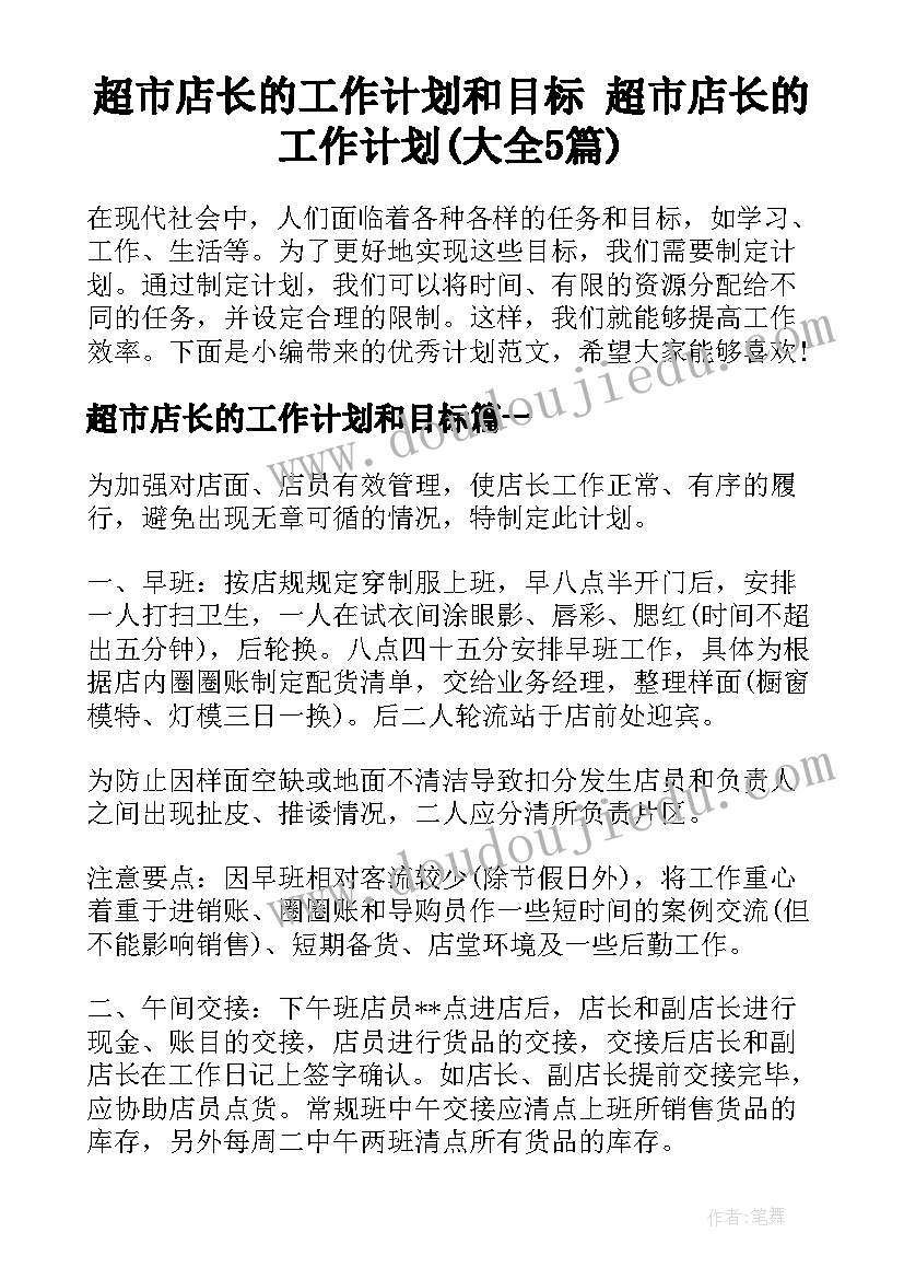 超市店长的工作计划和目标 超市店长的工作计划(大全5篇)