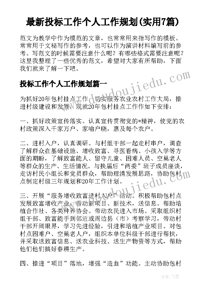 最新投标工作个人工作规划(实用7篇)