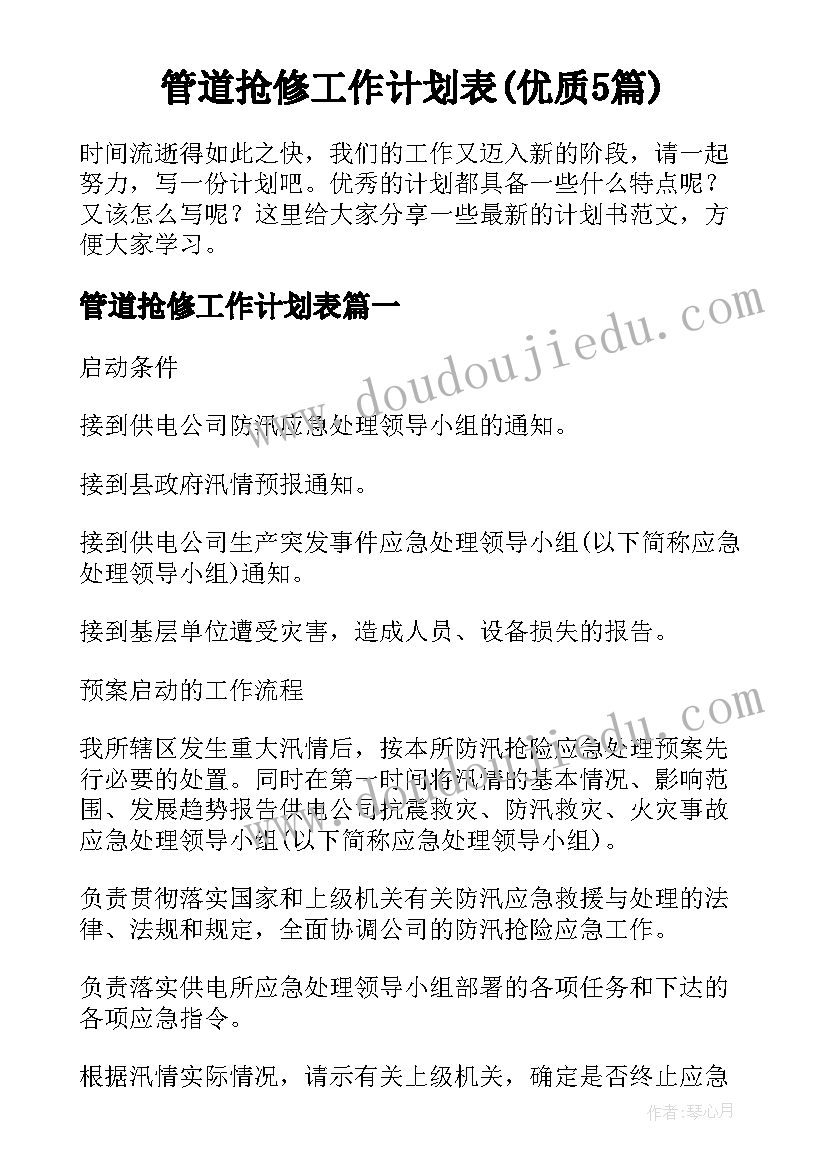 管道抢修工作计划表(优质5篇)