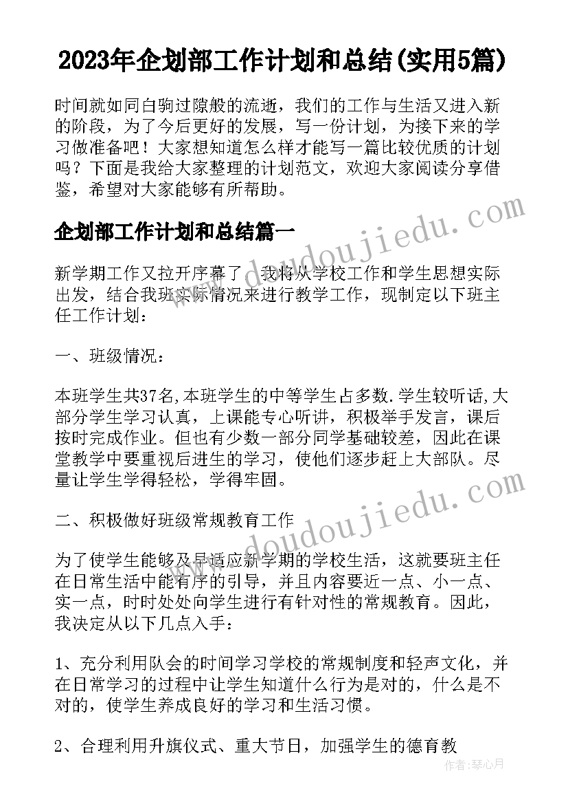 2023年企划部工作计划和总结(实用5篇)