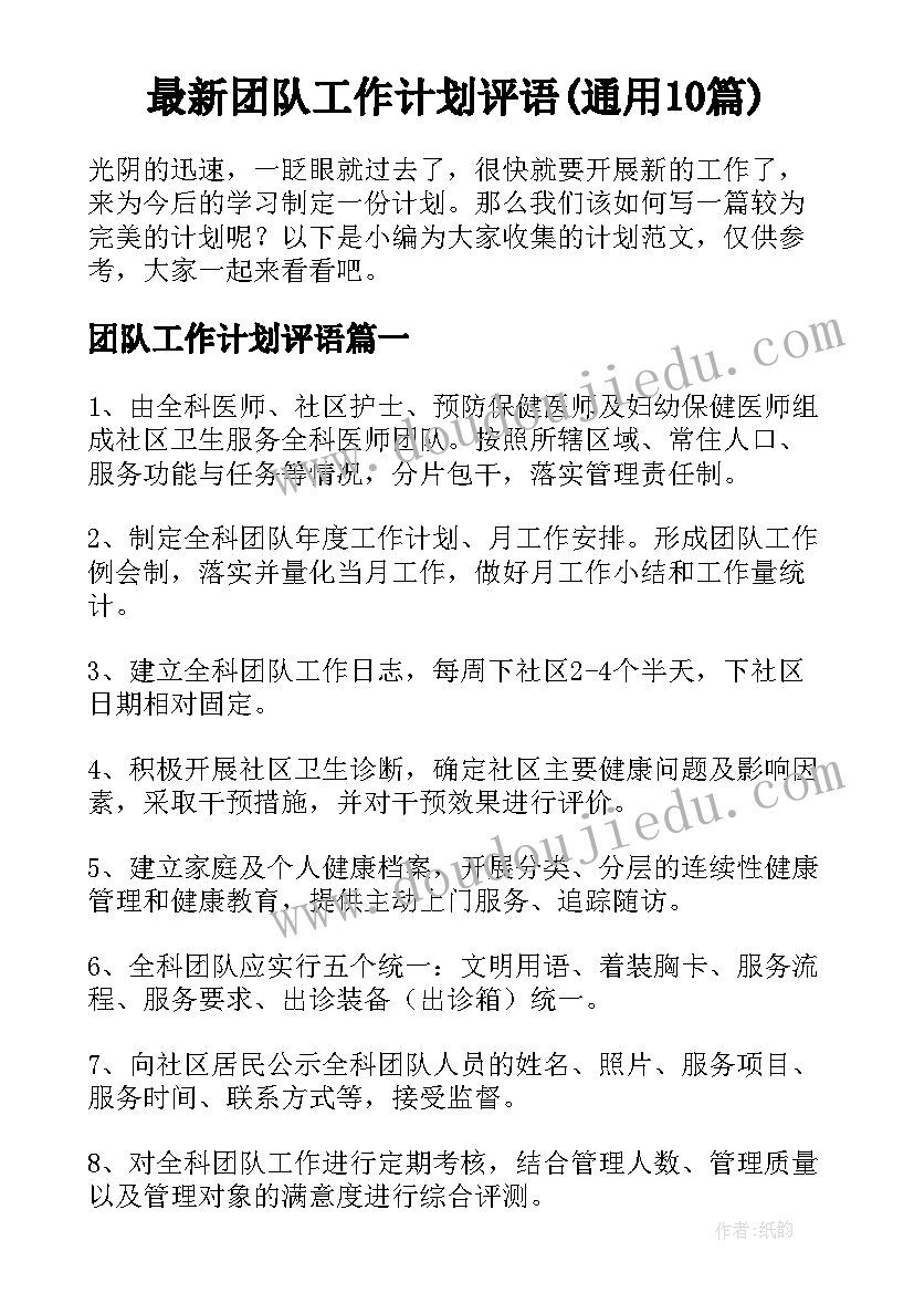 最新团队工作计划评语(通用10篇)