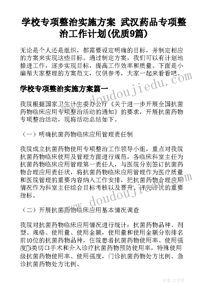 学校专项整治实施方案 武汉药品专项整治工作计划(优质9篇)