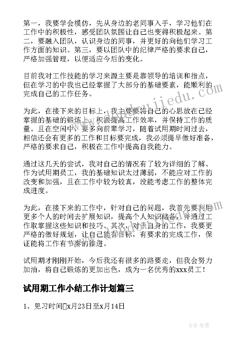 最新试用期工作小结工作计划(通用7篇)