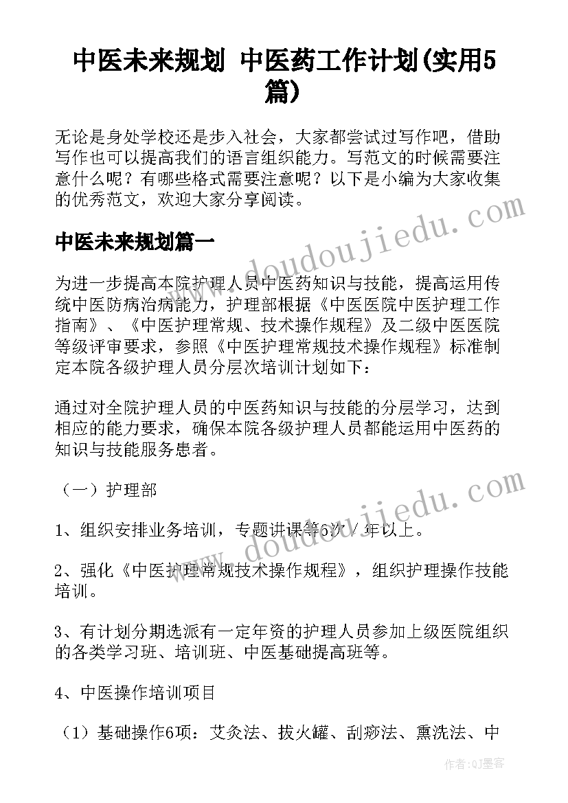 中医未来规划 中医药工作计划(实用5篇)