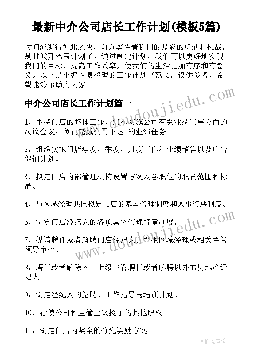 最新中介公司店长工作计划(模板5篇)