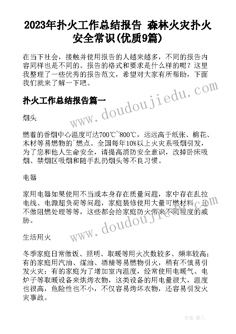 2023年扑火工作总结报告 森林火灾扑火安全常识(优质9篇)