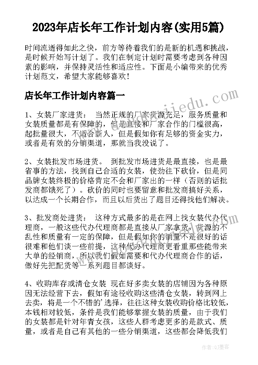 2023年店长年工作计划内容(实用5篇)