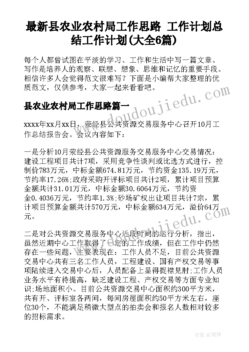 最新县农业农村局工作思路 工作计划总结工作计划(大全6篇)