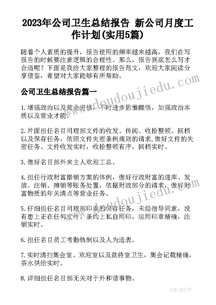 2023年公司卫生总结报告 新公司月度工作计划(实用5篇)