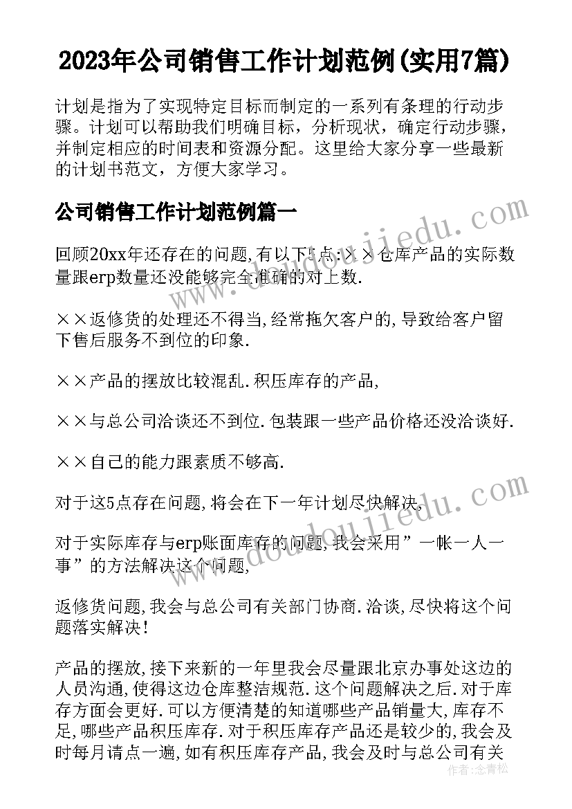 2023年公司销售工作计划范例(实用7篇)