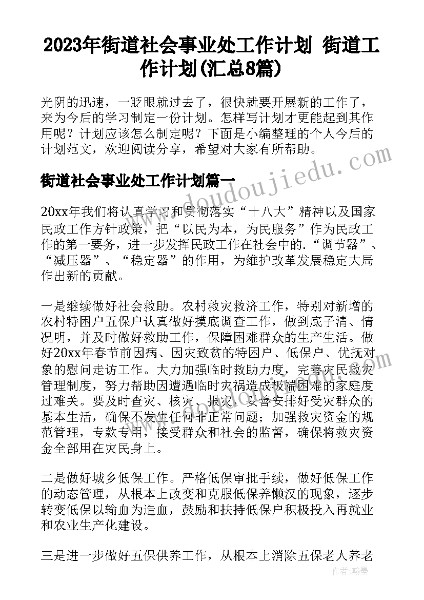 2023年街道社会事业处工作计划 街道工作计划(汇总8篇)