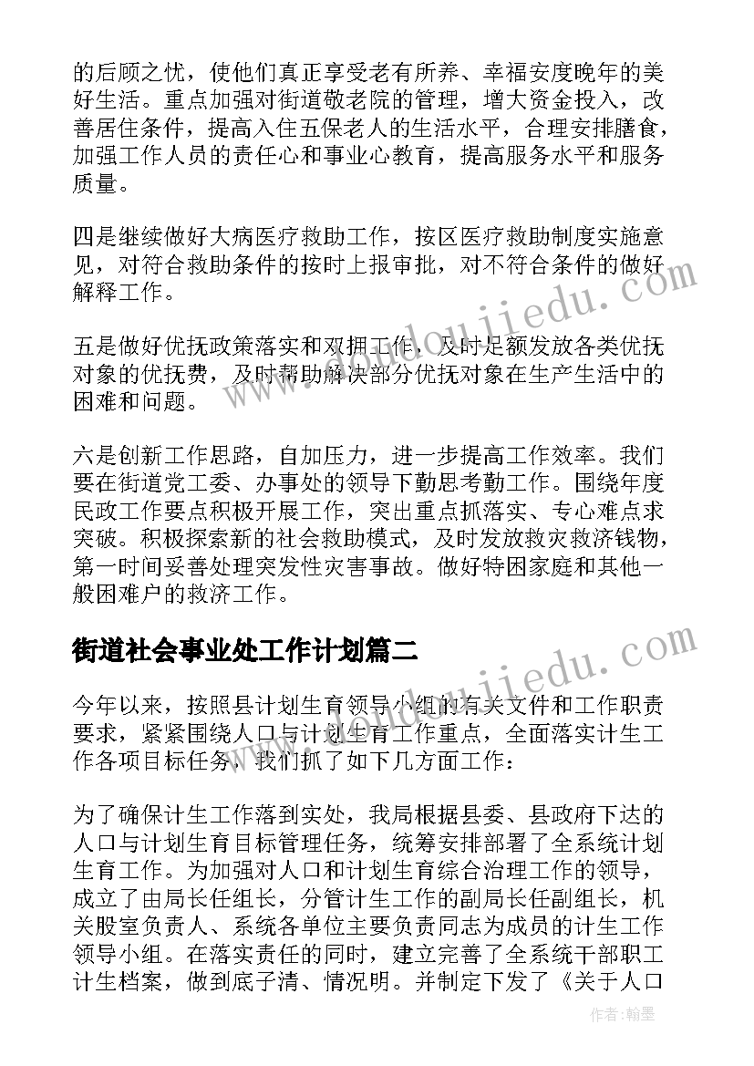 2023年街道社会事业处工作计划 街道工作计划(汇总8篇)