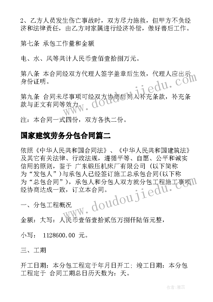 2023年国家建筑劳务分包合同 劳务建筑合同(通用10篇)