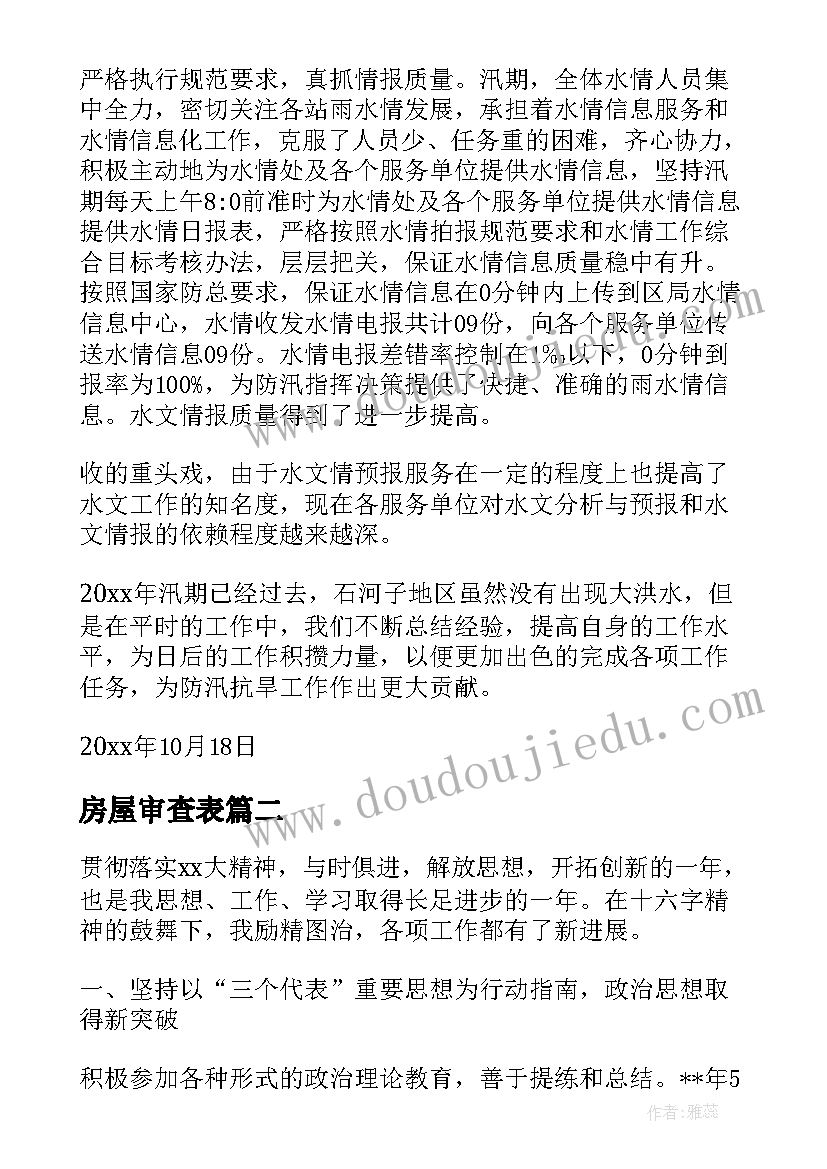 房屋审查表 工作总结报告(优质5篇)