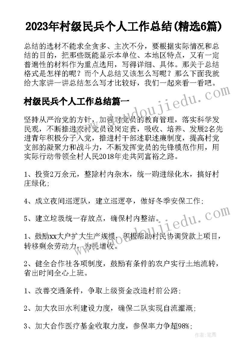 2023年村级民兵个人工作总结(精选6篇)