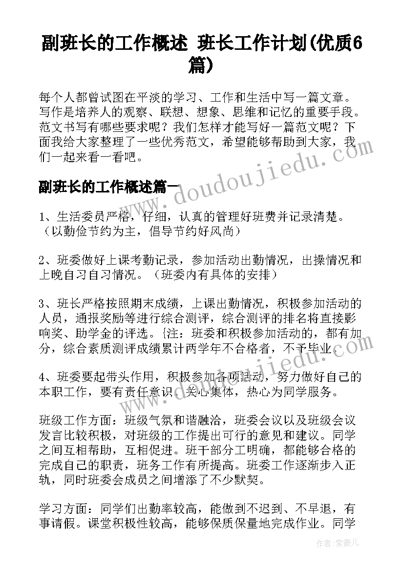 副班长的工作概述 班长工作计划(优质6篇)