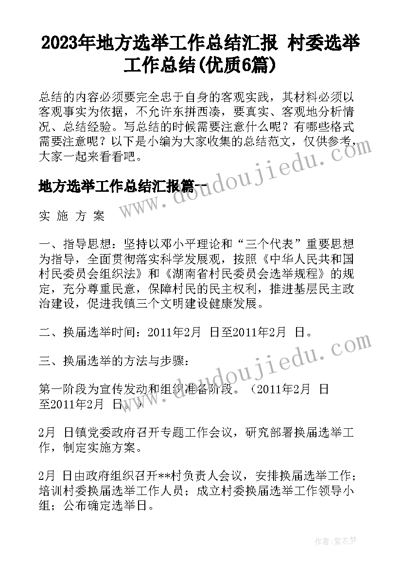 2023年地方选举工作总结汇报 村委选举工作总结(优质6篇)