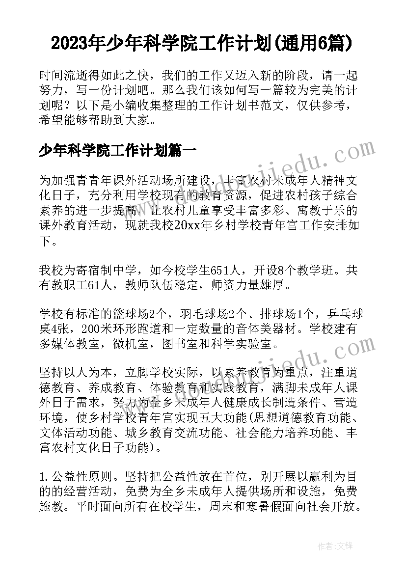 2023年少年科学院工作计划(通用6篇)