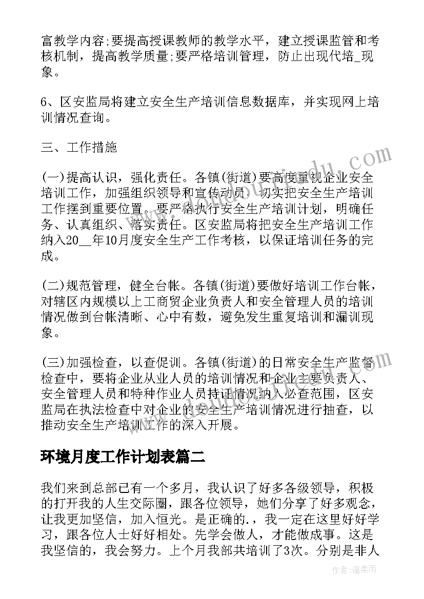 2023年环境月度工作计划表(优质6篇)