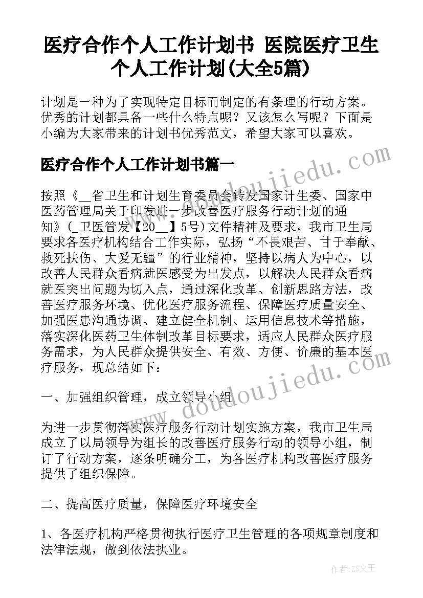 医疗合作个人工作计划书 医院医疗卫生个人工作计划(大全5篇)