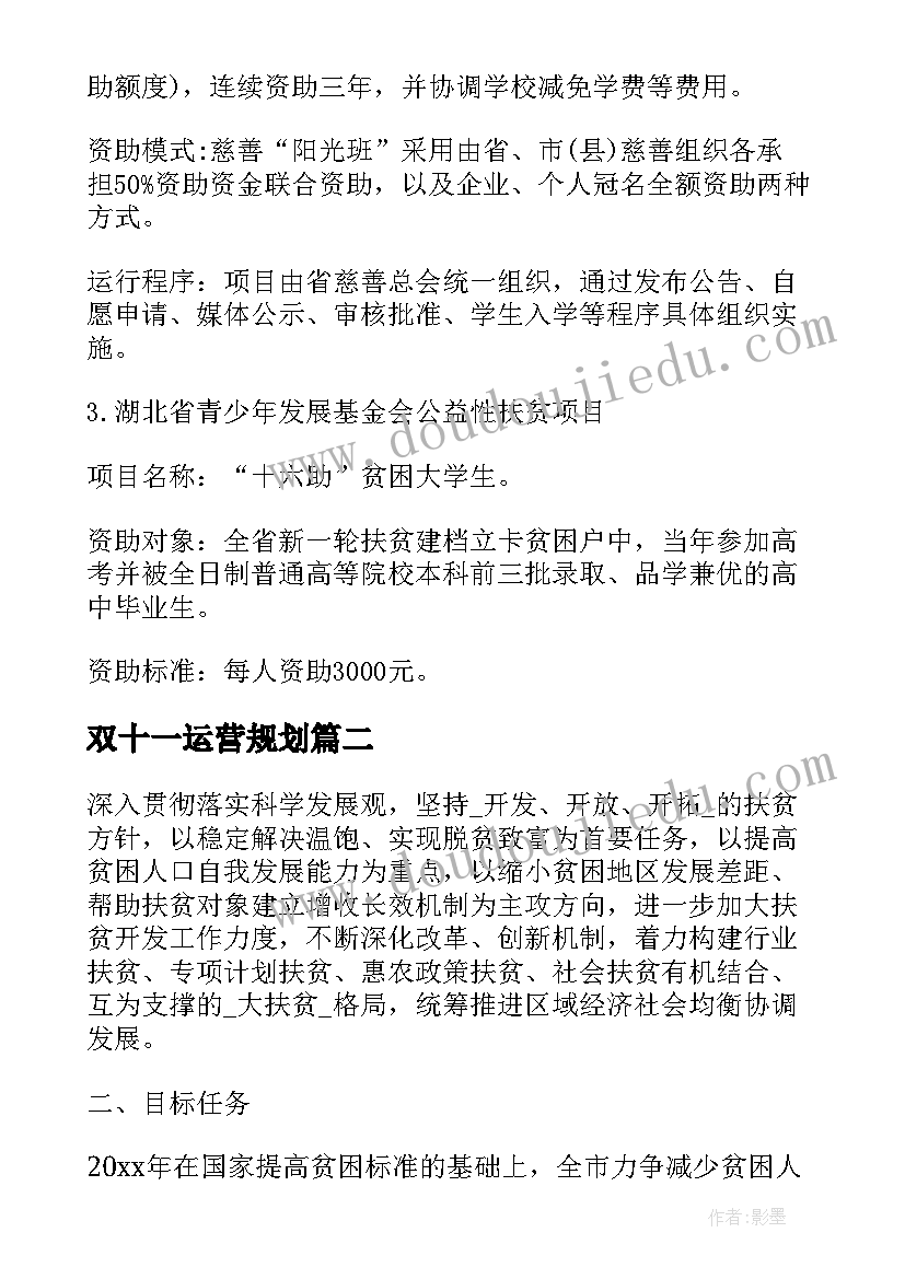 最新双十一运营规划 双十一扶贫工作计划(优秀5篇)