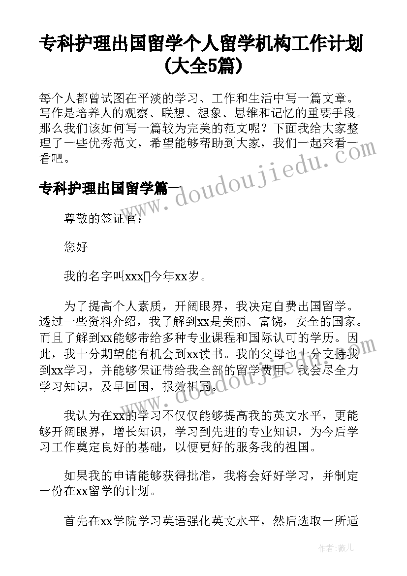 专科护理出国留学 个人留学机构工作计划(大全5篇)