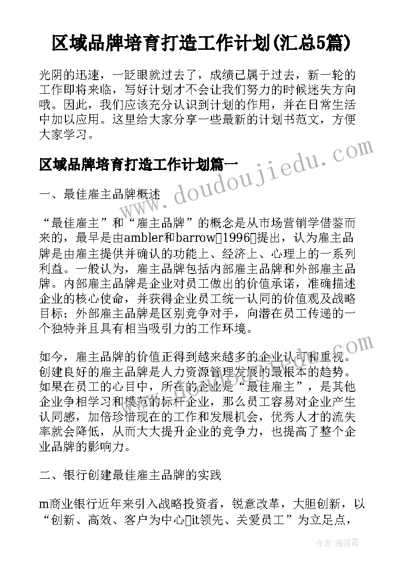 区域品牌培育打造工作计划(汇总5篇)