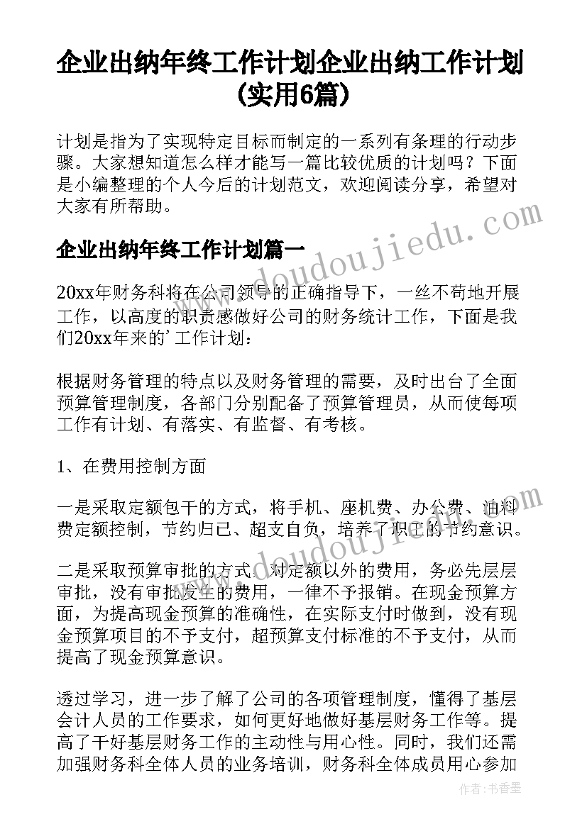 企业出纳年终工作计划 企业出纳工作计划(实用6篇)