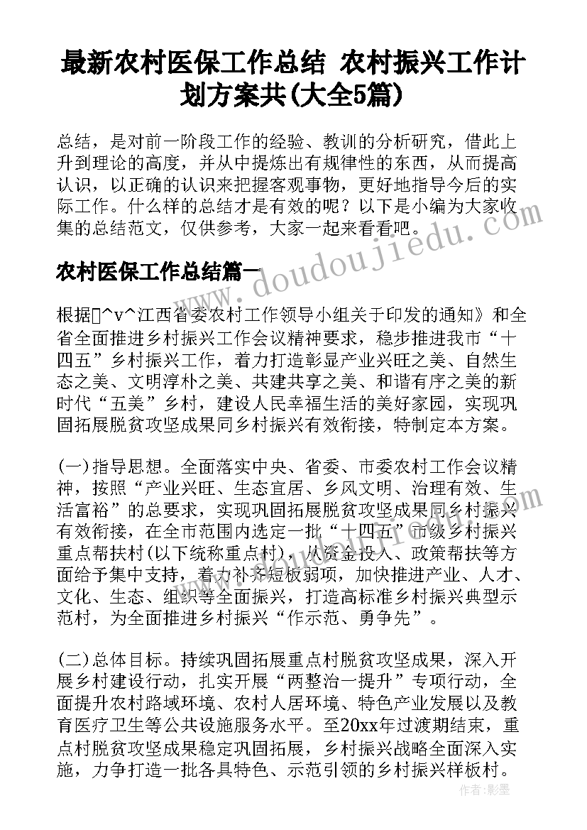 最新农村医保工作总结 农村振兴工作计划方案共(大全5篇)