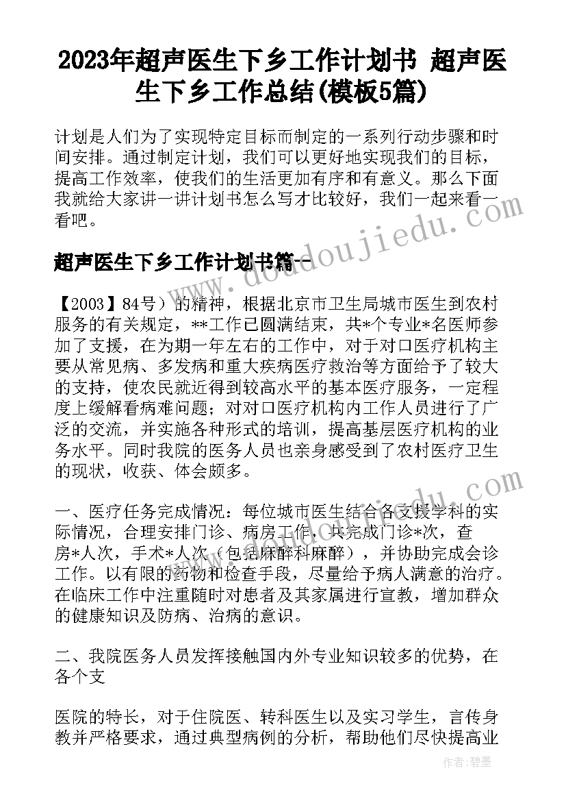 2023年超声医生下乡工作计划书 超声医生下乡工作总结(模板5篇)