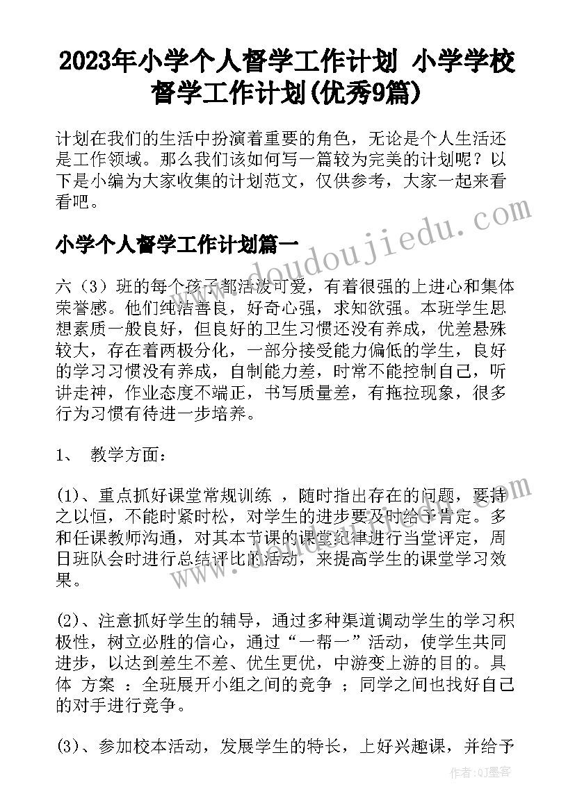 2023年小学个人督学工作计划 小学学校督学工作计划(优秀9篇)