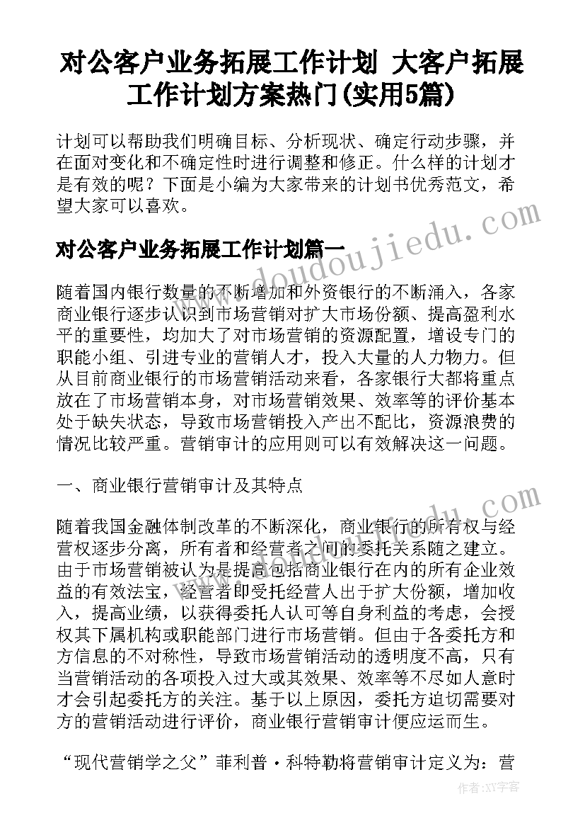 对公客户业务拓展工作计划 大客户拓展工作计划方案热门(实用5篇)