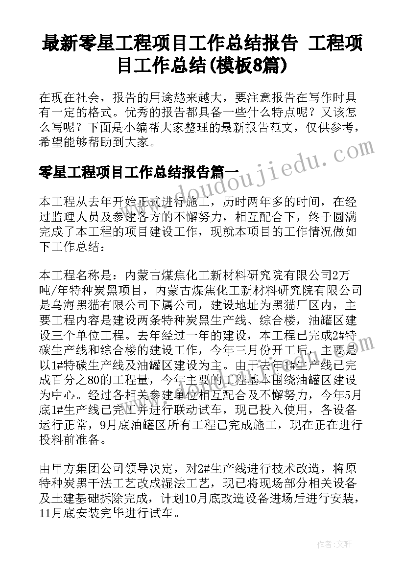 最新零星工程项目工作总结报告 工程项目工作总结(模板8篇)