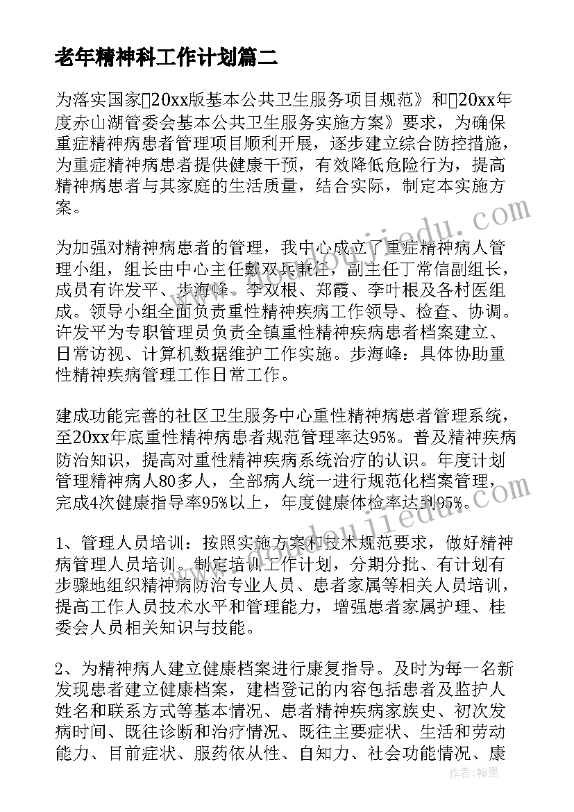 老年精神科工作计划 精神科工作计划(汇总9篇)