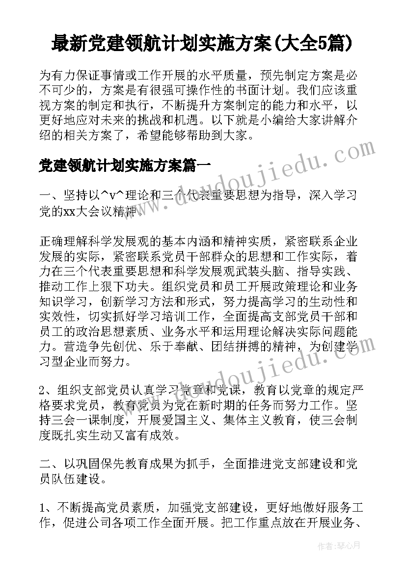 最新党建领航计划实施方案(大全5篇)