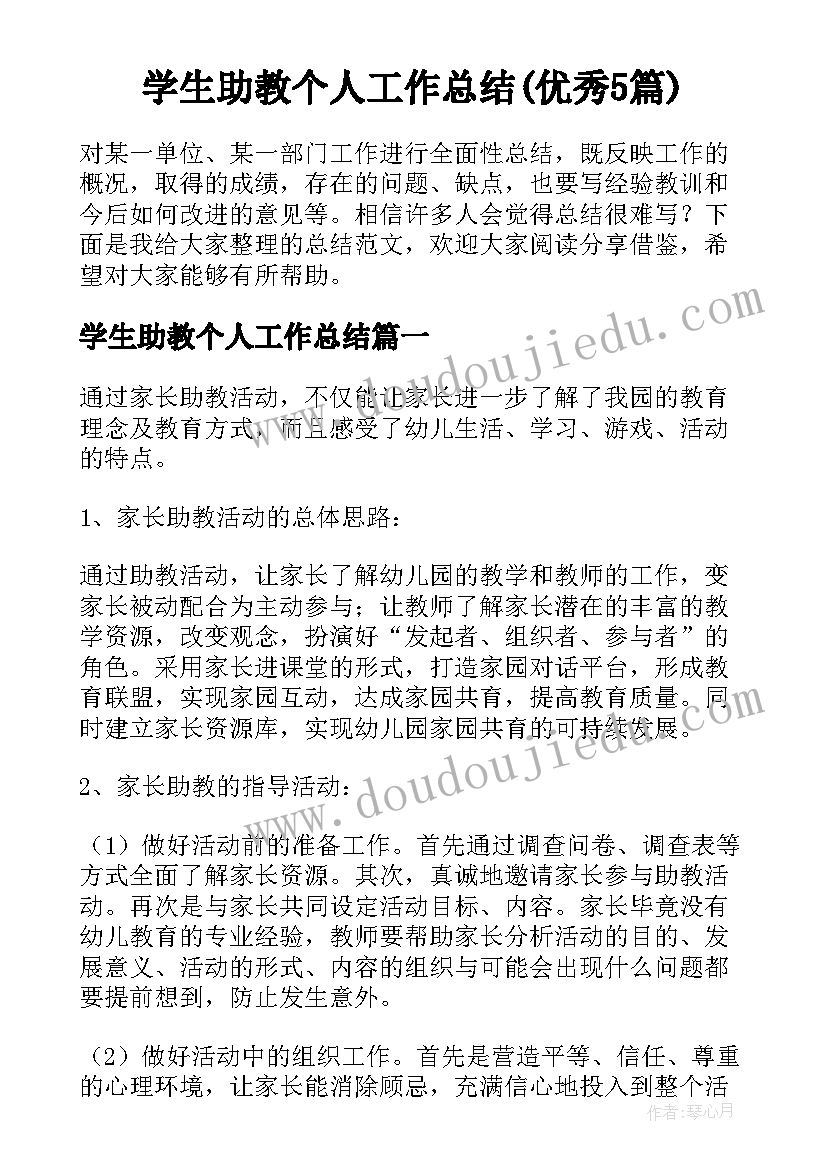 学生助教个人工作总结(优秀5篇)