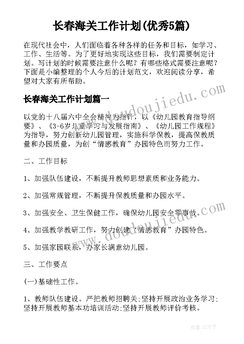 长春海关工作计划(优秀5篇)