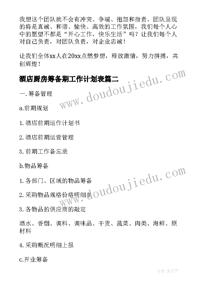 酒店厨房筹备期工作计划表 筹备厨房工作计划(通用5篇)