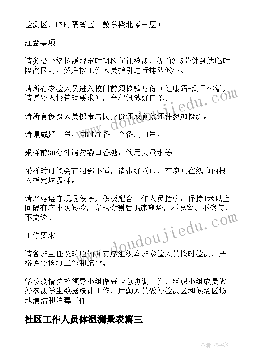 最新社区工作人员体温测量表 社区全民核酸检测工作计划(模板5篇)