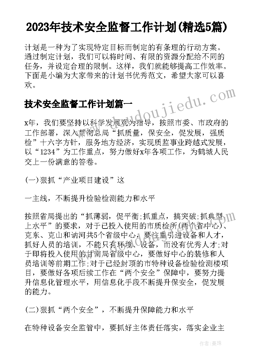 2023年技术安全监督工作计划(精选5篇)