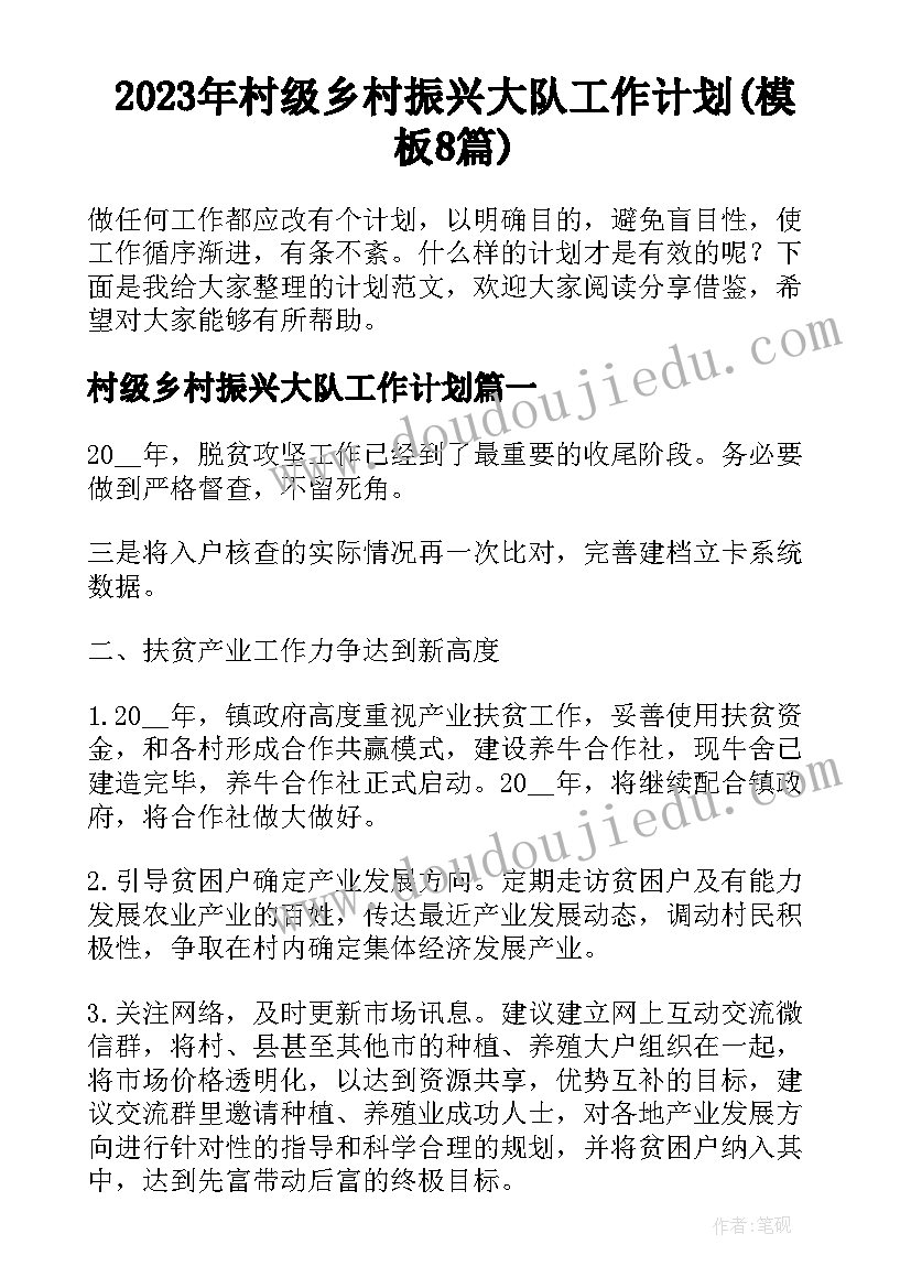 2023年村级乡村振兴大队工作计划(模板8篇)